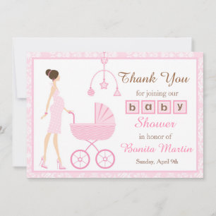 Carte De Remerciements Baby shower femme femme rose Damask Brunette