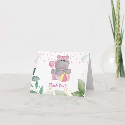 Carte De Remerciements Baby shower Feuille hippo rose rose moderne (Devant)
