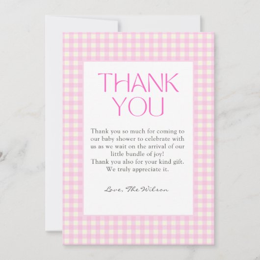 Carte De Remerciements Baby Shower Fille au Gingham Rose Classique (Devant)