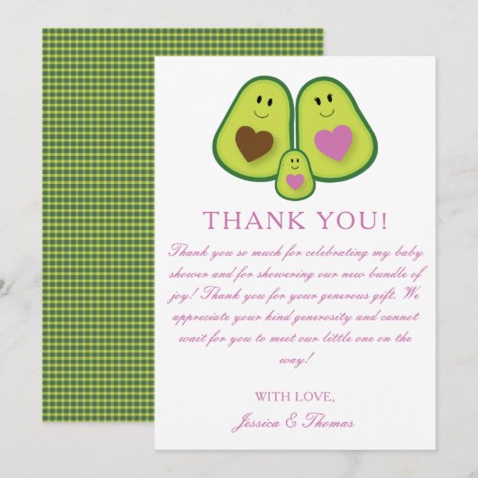 Carte De Remerciements Baby shower fille Avocado mignonne (Devant / Derrière)