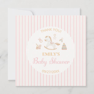 Carte De Remerciements Baby Shower Fille Cheval à Bascule Rayure Rose