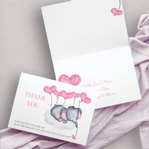 Carte De Remerciements Baby Shower Fille Éléphant Rose sur Nuage