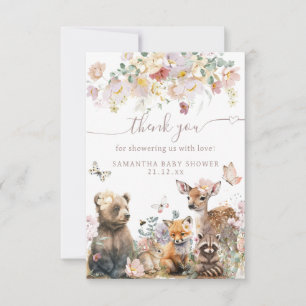 Carte De Remerciements Baby shower fille fleurie d'aquarelle d'animal de 