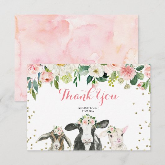Carte De Remerciements Baby shower Fille Florale d'animal agricole (Devant / Derrière)