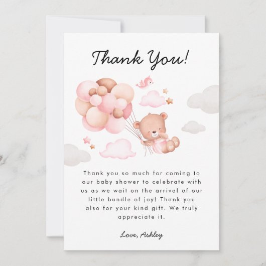 Carte De Remerciements Baby shower fille ours en peluche (Devant)