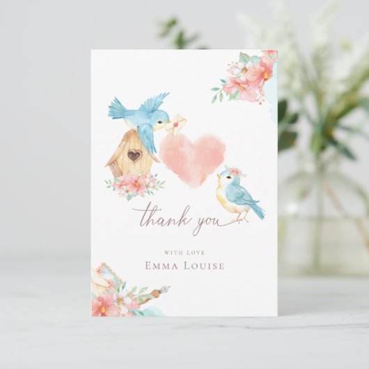 Carte De Remerciements Baby Shower Fille Petits Oiseaux Aquarelle (Debout devant)