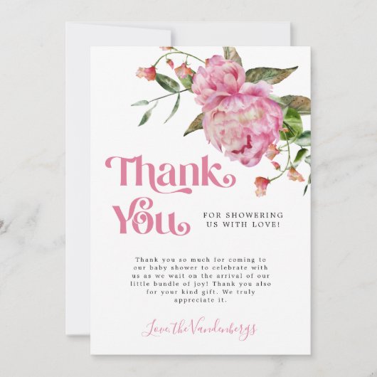 Carte De Remerciements Baby shower Fille Rose Aquarelle (Devant)