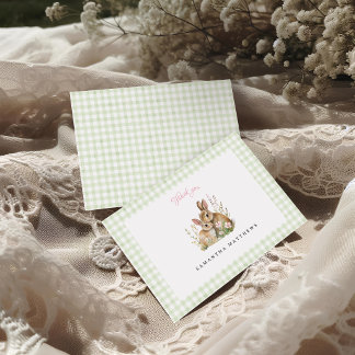 Carte De Remerciements Baby Shower Fille Vintage Lapin Vichy Vert