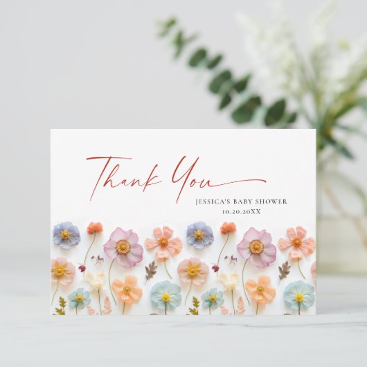 Carte De Remerciements Baby shower Fleur sauvage Pastel Pink Bohemian (Debout devant)