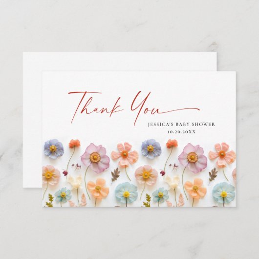 Carte De Remerciements Baby shower Fleur sauvage Pastel Pink Bohemian (Devant / Derrière)