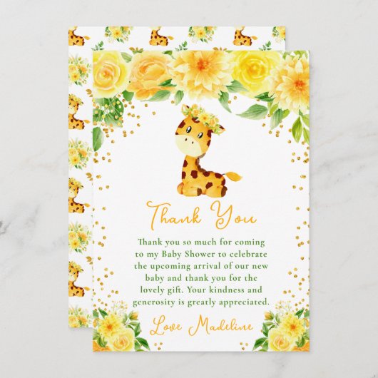 Carte De Remerciements Baby Shower Fleurs Jaunes Girafe (Devant / Derrière)
