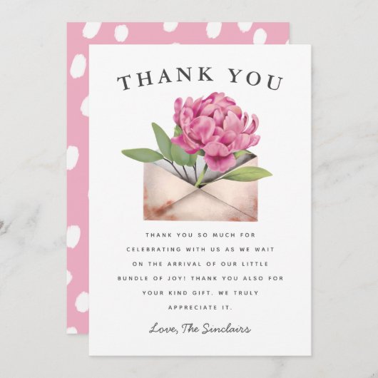 Carte De Remerciements Baby Shower Fleurs Roses par Courrier en Quarantai (Devant / Derrière)