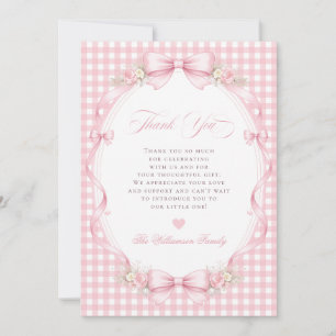 Carte De Remerciements Baby shower floral au noeud en vichy rose