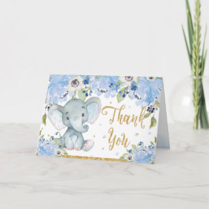 Carte De Remerciements Baby shower Floral bleu Eléphant