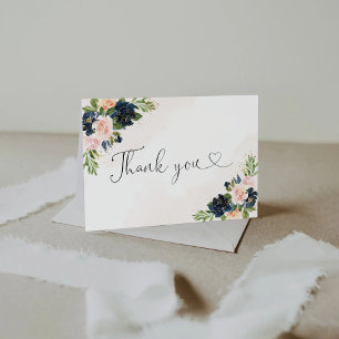 Carte De Remerciements Baby shower floral bleu marine et rose