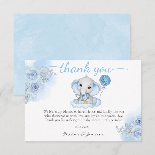 Carte De Remerciements Baby shower floral d'aquarelle éléphant du garçon (Devant / Derrière)