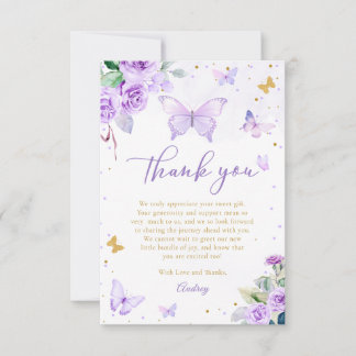 Carte De Remerciements Baby shower floral de papillon d'or violet