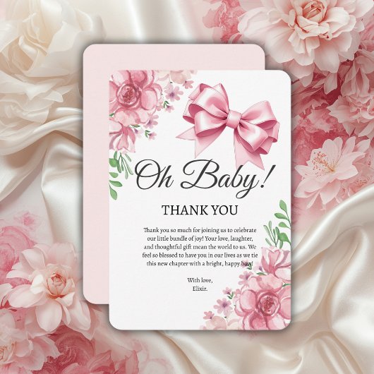 Carte De Remerciements Baby shower Floral Pink Bow