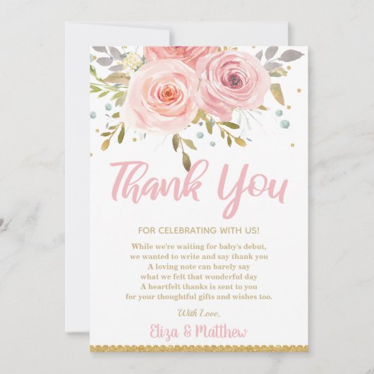 Carte De Remerciements Baby shower floral rose (Devant)