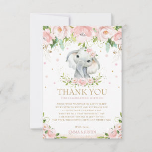 Carte De Remerciements Baby shower floral rose chic Eléphant 1er annivers
