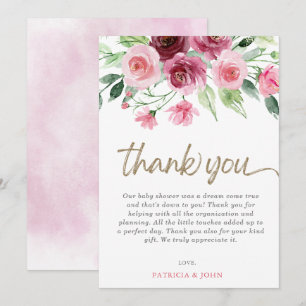 Carte De Remerciements Baby shower floral rose de Bourgogne moderne