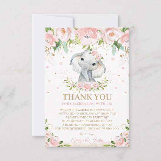 Carte De Remerciements Baby shower floral rose d'éléphant doux et chic (Devant)