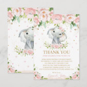 Carte De Remerciements Baby shower floral rose d'éléphant doux et chic (Devant / Derrière)