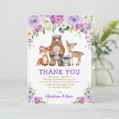Carte De Remerciements Baby shower forestier floral pourpre (Debout devant)