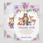 Carte De Remerciements Baby shower forestier floral pourpre (Devant / Derrière)