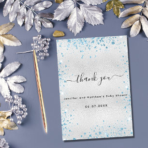 Carte De Remerciements Baby shower garçon argent bleu parties scintillant