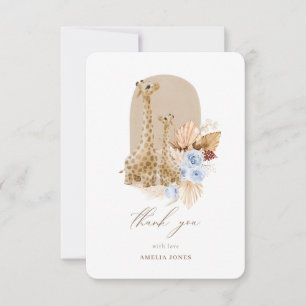Carte De Remerciements Baby Shower Girafe Herbe de Pampas Bleu Bébé