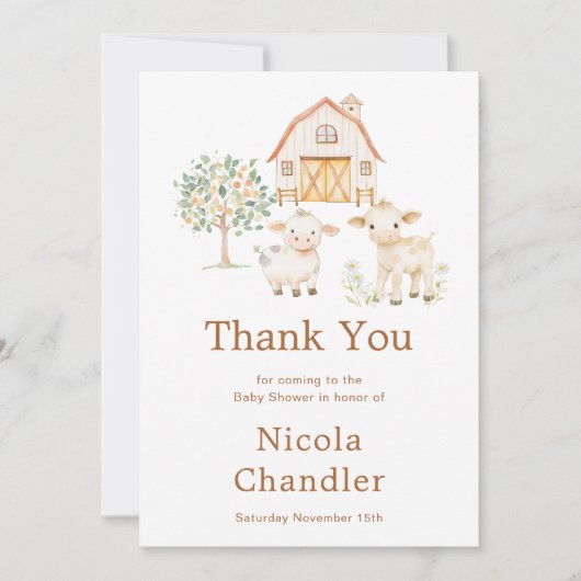 Carte De Remerciements Baby shower grange mignonne  (Devant)