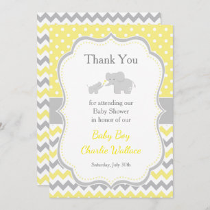 Carte De Remerciements Baby shower jaune et gris éléphant