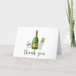 Carte De Remerciements Baby shower minimal vert Poppin Champagne bouteill
