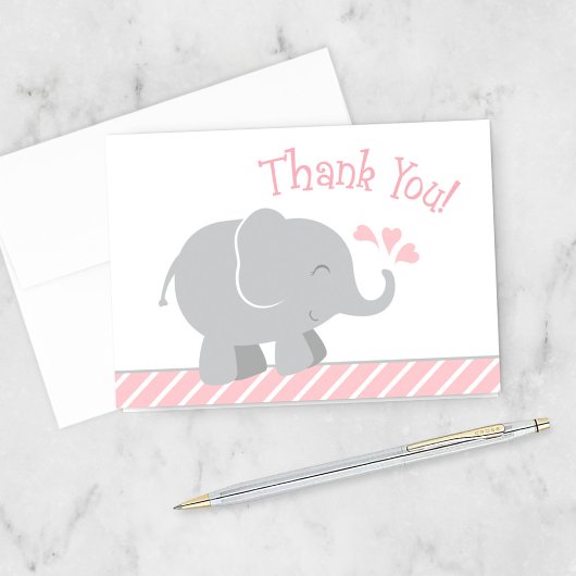 Carte De Remerciements Baby shower moderne Blush et Grey Elephant Girl