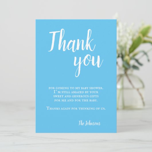 Carte De Remerciements Baby shower moderne simple de typographie bleue (Debout devant)