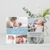 Carte De Remerciements Baby shower multiphoto bleu moderne (Debout devant)