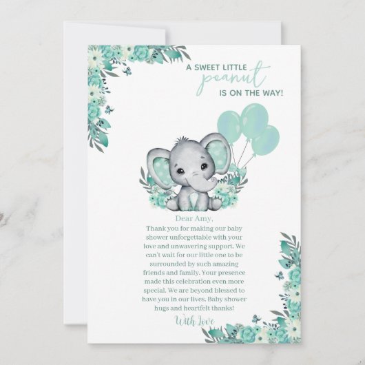 Carte De Remerciements Baby shower neutre éléphant (Devant)