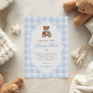 Carte De Remerciements Baby Shower Ours en peluche élégant à carreaux ble