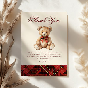 Carte De Remerciements Baby Shower Ours en Vichy Rouge Vintage