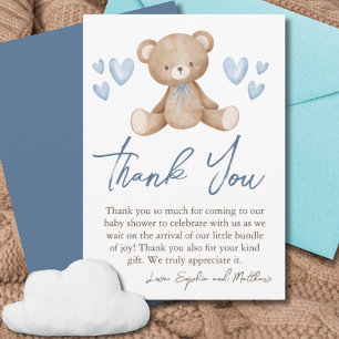 Carte De Remerciements Baby shower Ours, Garçon bébé, Coeurs Bleus