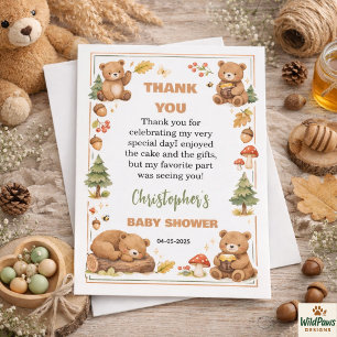 Carte De Remerciements Baby Shower Ourson de la forêt aquarelle