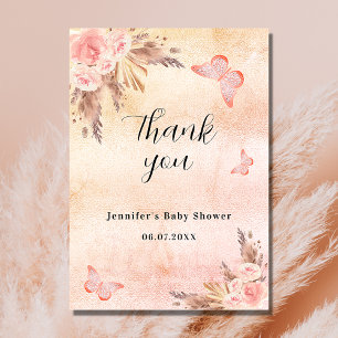 Carte De Remerciements Baby shower pampas herbe rose or fleurons boho