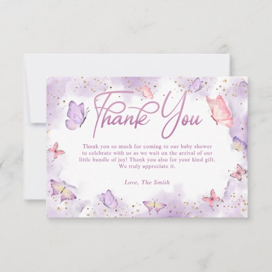 Carte de remerciements Baby shower papillon fille (Devant)