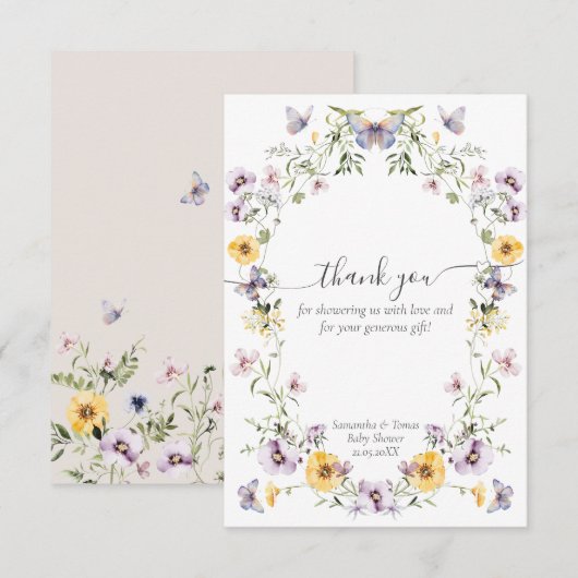 Carte De Remerciements Baby Shower Papillon Fleur Sauvage (Devant / Derrière)
