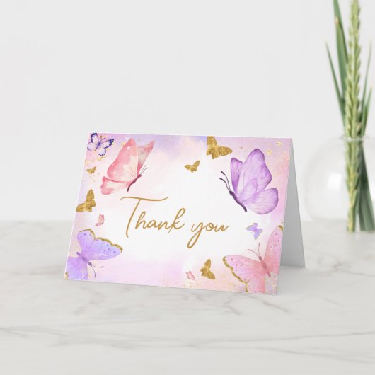 Carte De Remerciements Baby shower papillon violet rose or (Devant)