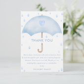 Carte de remerciements Baby shower parapluie bleu (Debout devant)
