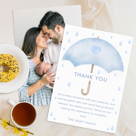 Carte de remerciements Baby shower parapluie bleu
