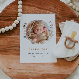 Carte De Remerciements Baby shower photo Fleur sauvage et abeilles