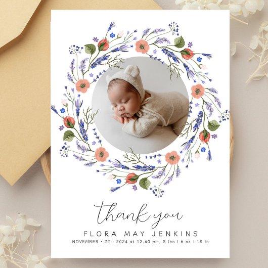 Carte De Remerciements Baby shower photo Fleur sauvage simple